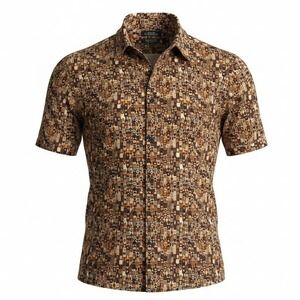 VINCENT D'AMERIQUE Mens XL Geometric Art Deco Button Up Shirt Brown Short Sleeve